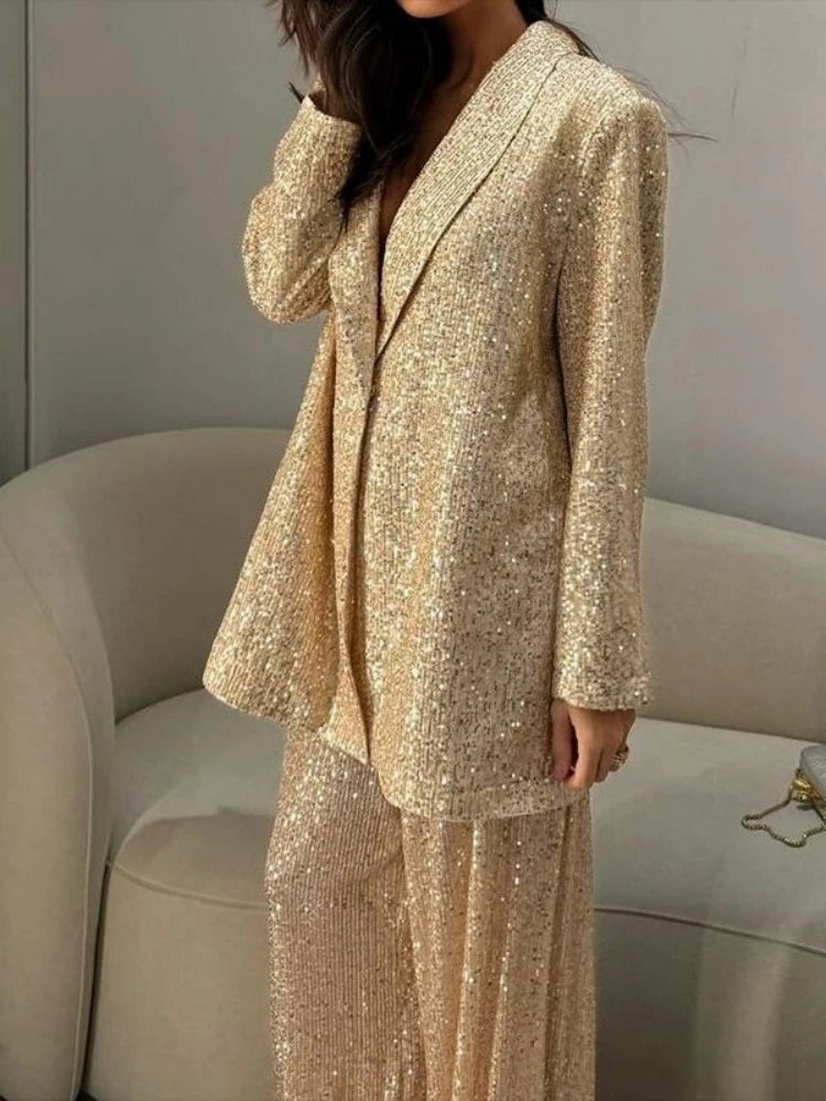 Casual Sequin Jackets Pants Set Women Golden Long Sleeve Lapel Button Wide Leg Pant Autumn Lady Suit Urban Street Loose Sets