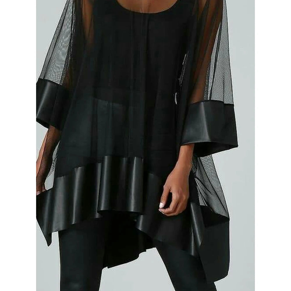 See-Through Mesh Sexy Women Loose Blouse Roll Neck 3/4 Sleeve PU Patchwork Irregular Shirt Summer Top Streetwear Female Blouses