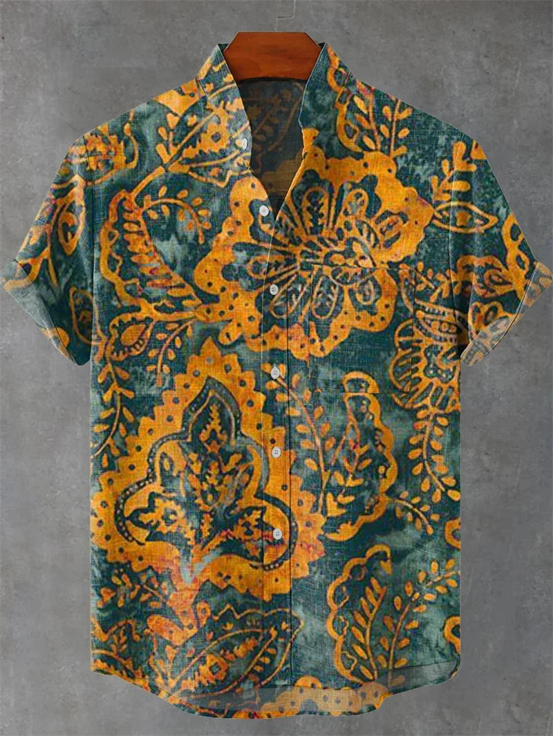 Men's Vintage Art Shirt Vintage Abstract 3D Geometric Print Short Sleeve Linen Casual Shirt Holiday Clothing