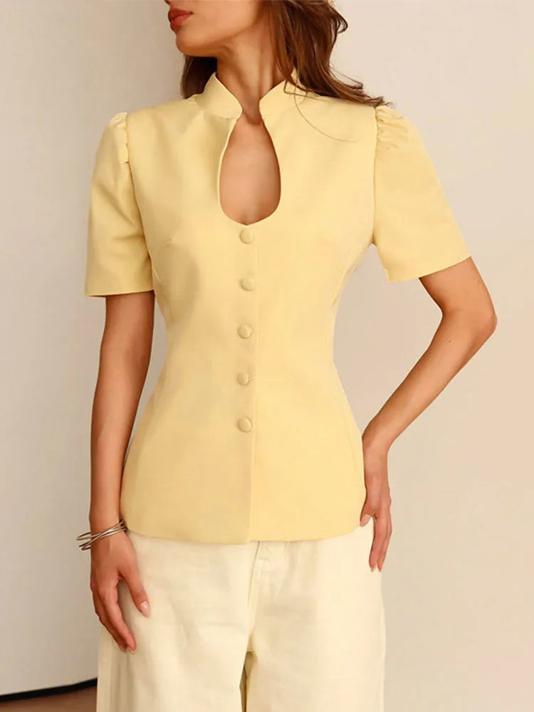 Short Sleeve Elegant Suits Coat Women Single Breasted V-neck Commute 2025 Autumn Female Blazer Street Solid Slim Lady Tops
