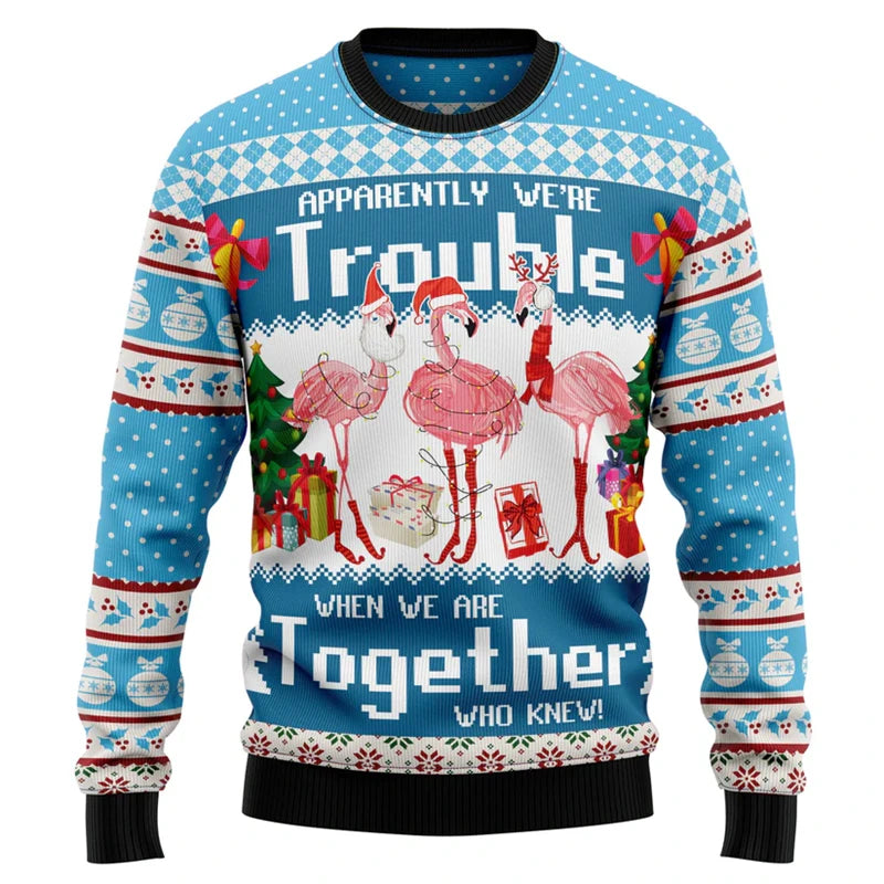 Funny Flamingo Graphic Ugly Christmas Sweater Autumn Holiday Wear 3D Printed Sweatshirt Loose Streetwear Pullovers Mens Clothing