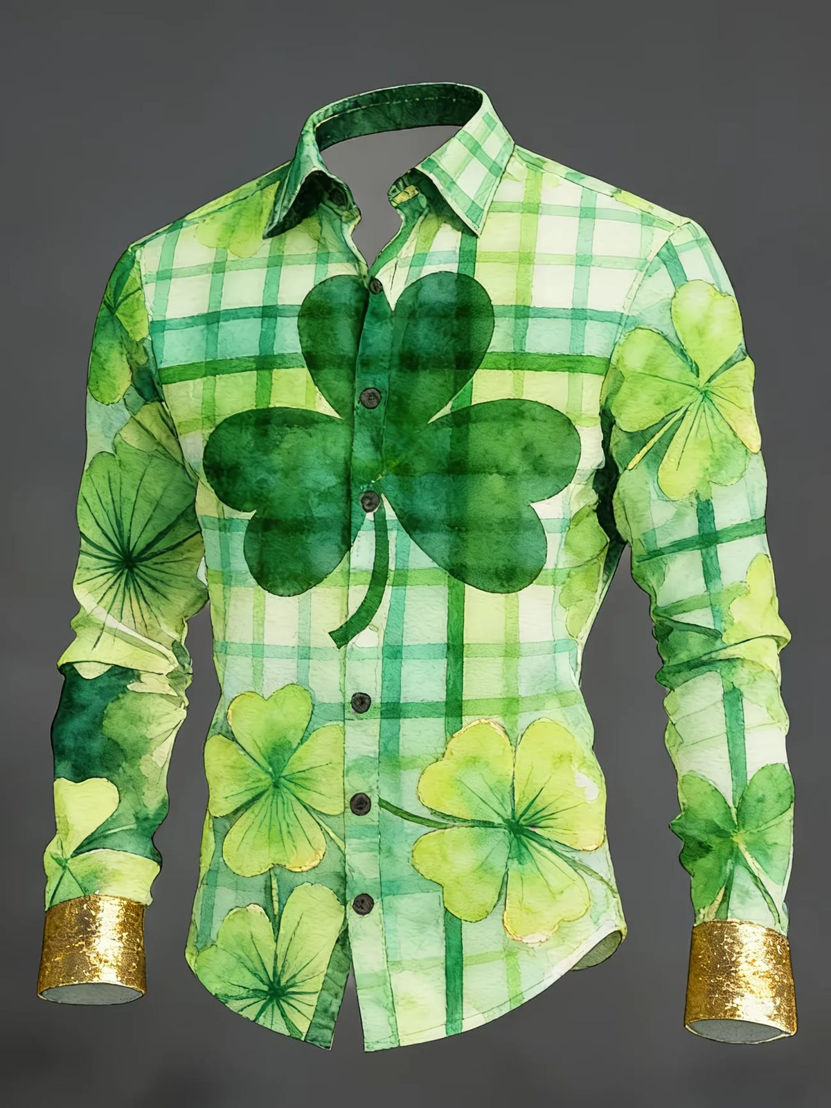 New men's 3D clover print retro pattern casual long sleeved casual shirt fashionable lapel top clothing