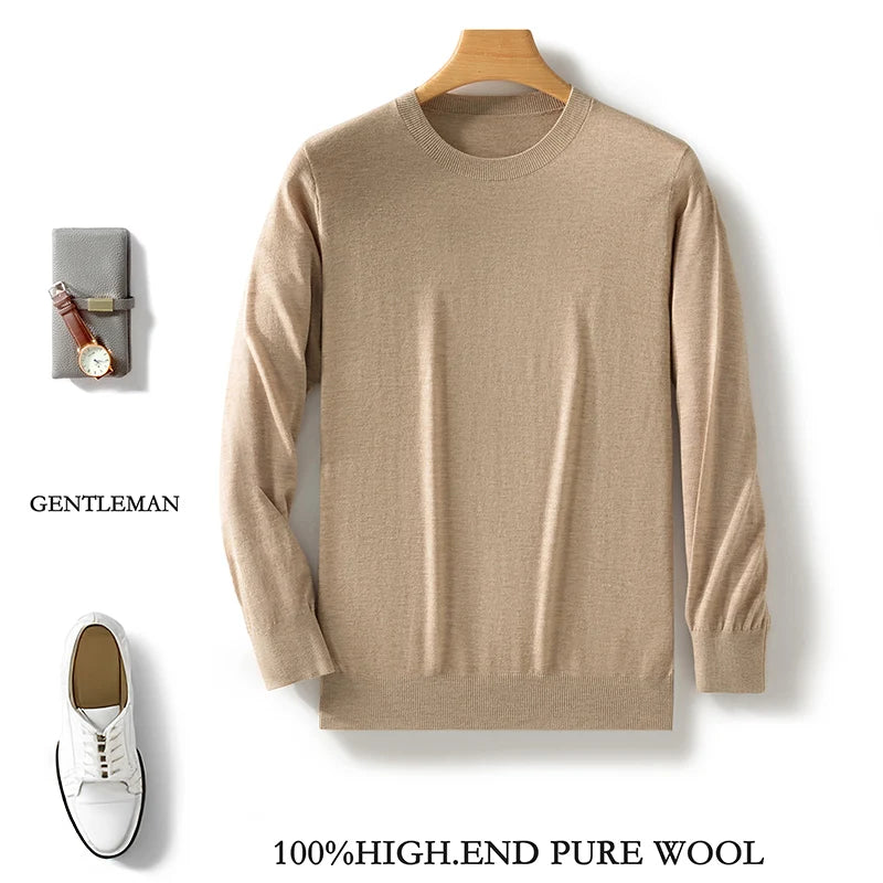 100% Pure Merino Wool Sweater Men's Round Collar Pullover Spring Autumn New Business Knitted Tops Casual Large Size Men's Shirt