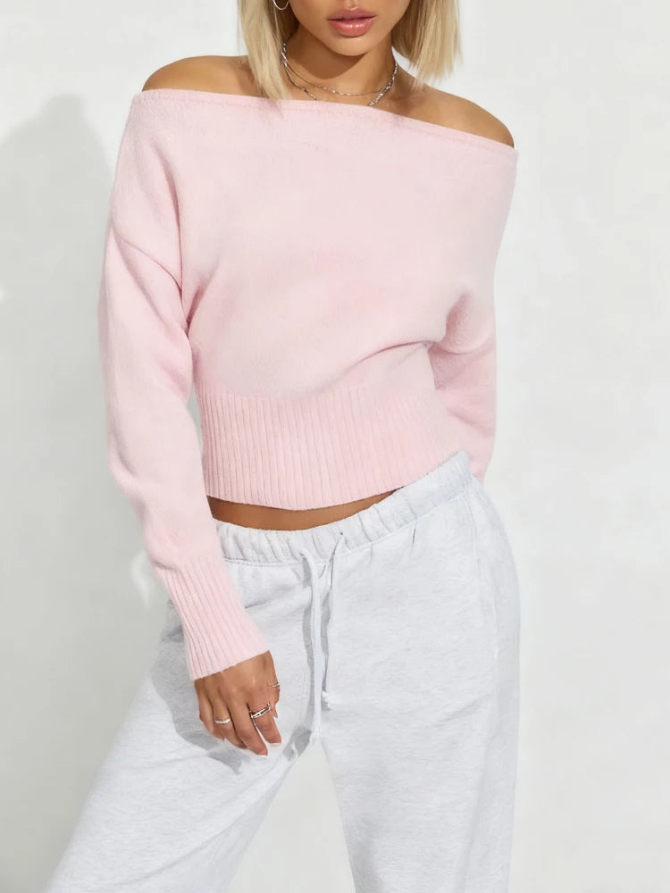 Autumn Winter New Solid Off-Shoulder Sweater Slash Neck Long Sleeve Knitted Pullovers Fashionable Commuting Versatile Short Top