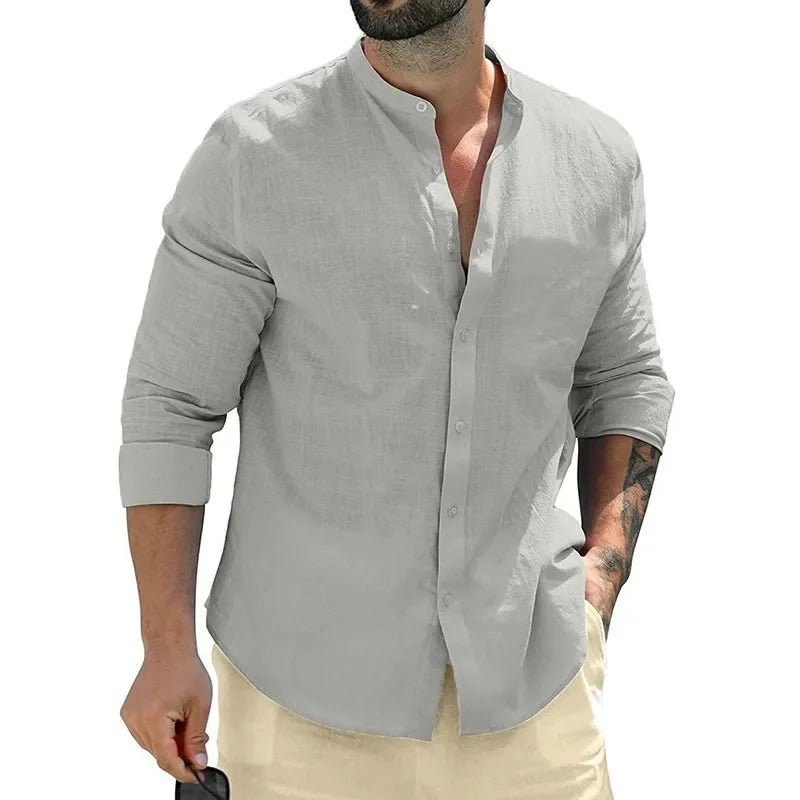 Men's shirt, long-sleeved shirt, solid color, round neck, single-breasted shirt, outdoor casual business office clothing, large
