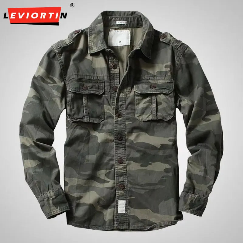 American Heavy Retro Men's Long Sleeved Camouflage Shirt Outdoor Cargo Casual Multi Pocket Work Shirt Coat for Male