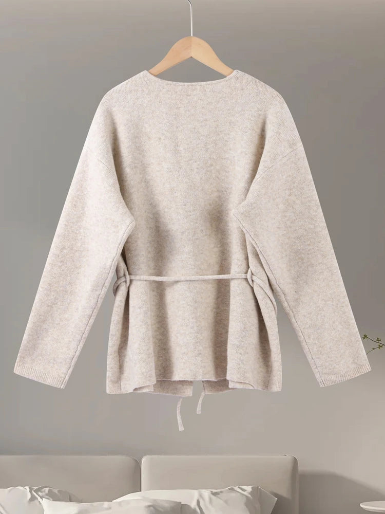 Casual Knit Cardigan Women Loose V Neck Long Sleeves Lace Up Sweater Coats Female 2025 Autumn Winter Solid Soft Chic Knitwears