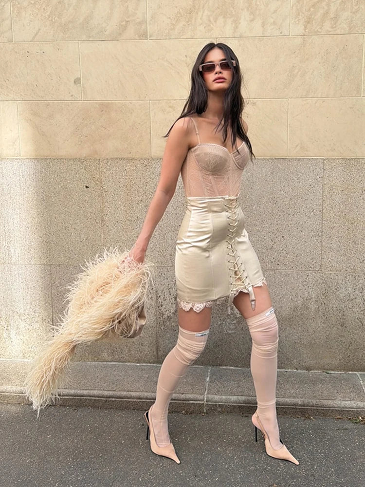 Urban Lace Patchwork Women's Skirt Sexy Bandage Hip Package Empire Female Skirts 2026 Summer Autumn All-match Lady Streetwear