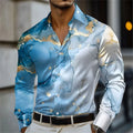Men's blue and gold marble print long-sleeved shirt. Fashionable casual design, slim fit for banquets and business suits. XS-6XL