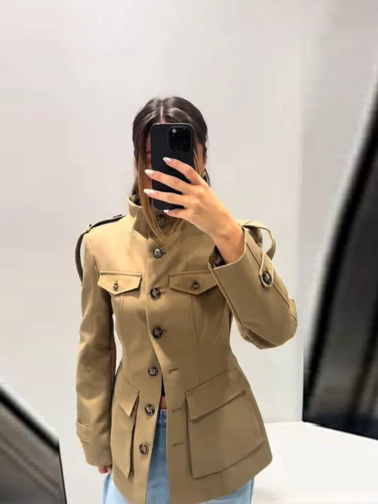 2025 Autumn Stand Collar Long Sleeve Jacket for Women Casual Pockets Solid Female Trench Coats Fashion New Lady Outerwear Street