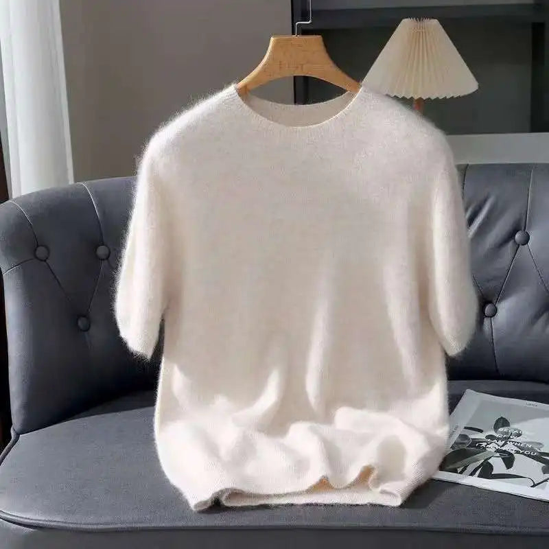 2026 Spring And Autumn New Men's Round Neck Solid Color Mink Fleece Sweater Youth Casual Hoodie Half Sleeve Knitted T-shirt Base