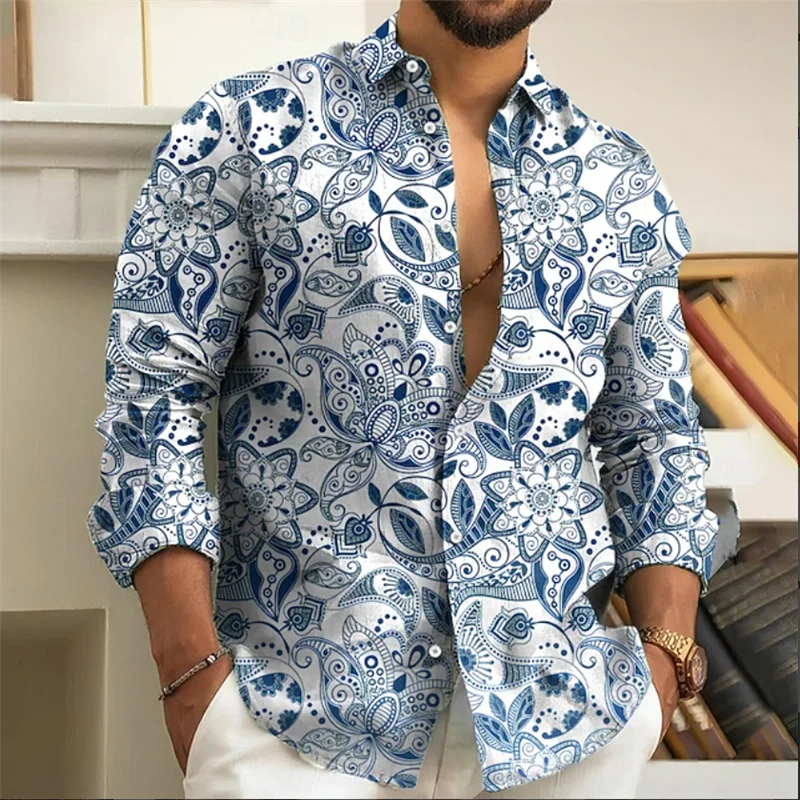 3D line printed men's long sleeved shirt top, fashionable checkered pattern, casual loose Gothic clothing top