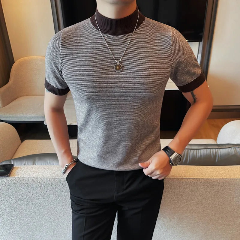 Turtleneck Short Sleeve Sweater Mens Clothing Autumn New Korean Slim Fit Casual Knitted Men's Sweaters Big Size Pull Homme 4XL-M