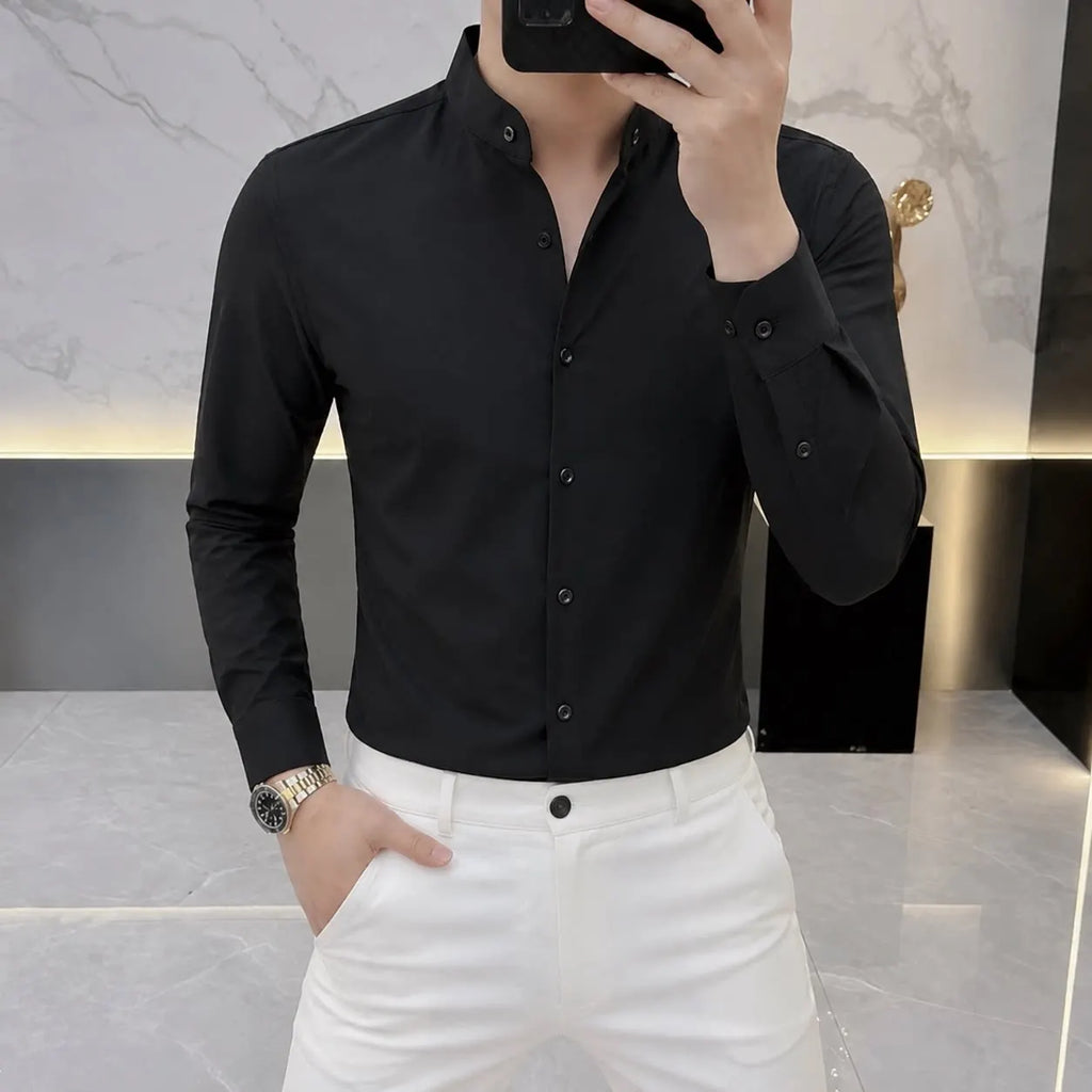 Black/White Men's Social Shirts Plus Size 5XL-M Plain Color Long Sleeve Men Dress Shirt Slim Fit Business Formal Wear OfficeWear