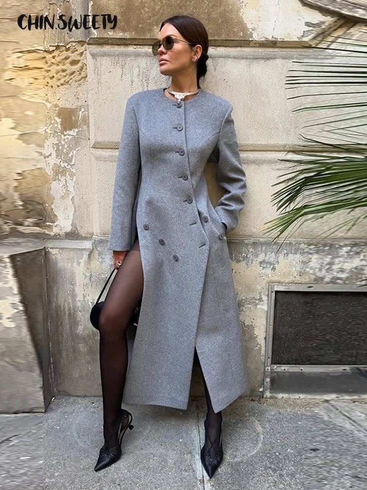 Chic Oblique Buckle Women's Coat O-Neck Side Split Full Sleeve Long Coats Lady 2026 Spring Elegant Female Street Outerwear