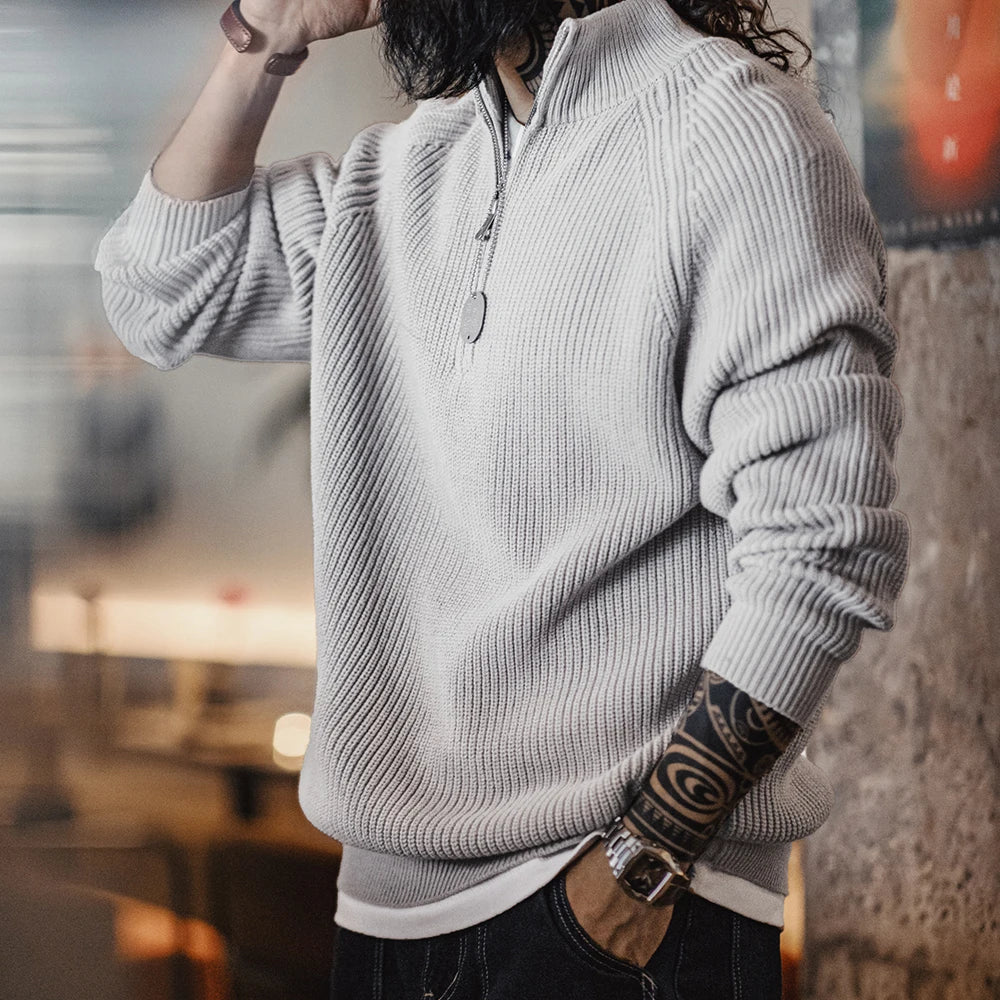 Maden Vintage Solid Color Warm Knitted Sweater Half-Zip Stand Collar Pullover for Men's Autumn and Winter Versatile Knitwear Top