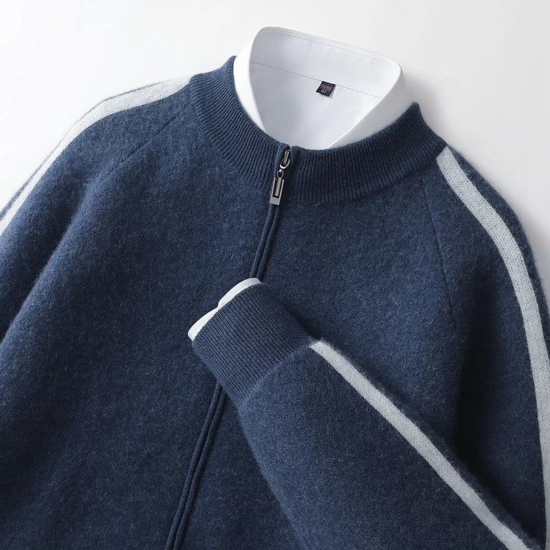 ATTYYWS  Men's new cardigan 100% wool sweater color blocked knit casual autumn and winter coat men's O-neck cashmere sweater