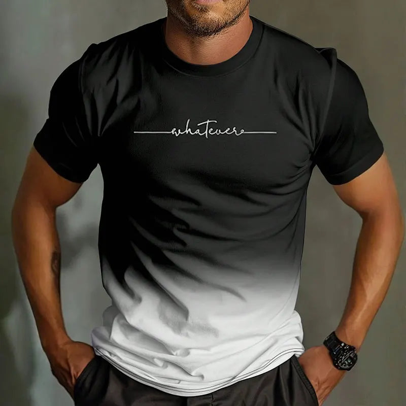 Casual Men's Trendy Short-Sleeved Gradient Letter Printed Round Neck T-Shirt Clothing Spring And Autumn Fitness Sports Tops