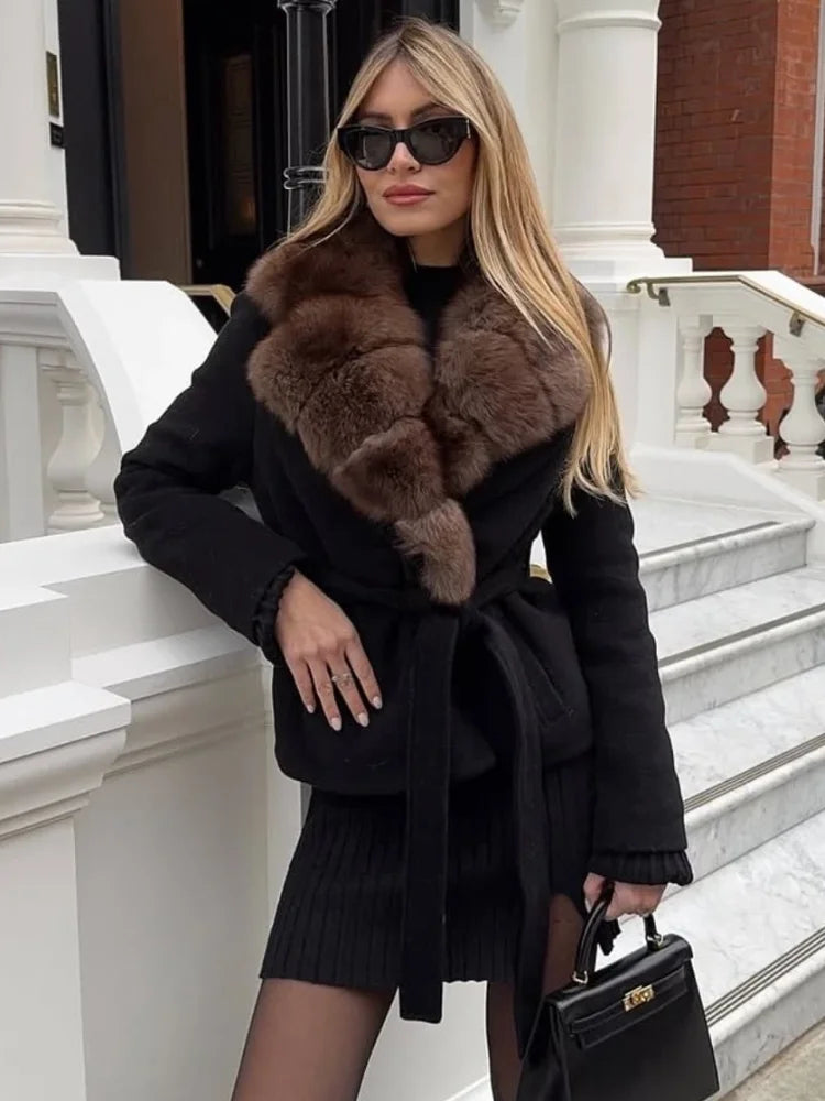 2026 Spring Autumn Faux Fur Collar Lace Up Jacket For Women Casual High Street Long Sleeve Belt Coats Lady Chic Street Outerwear