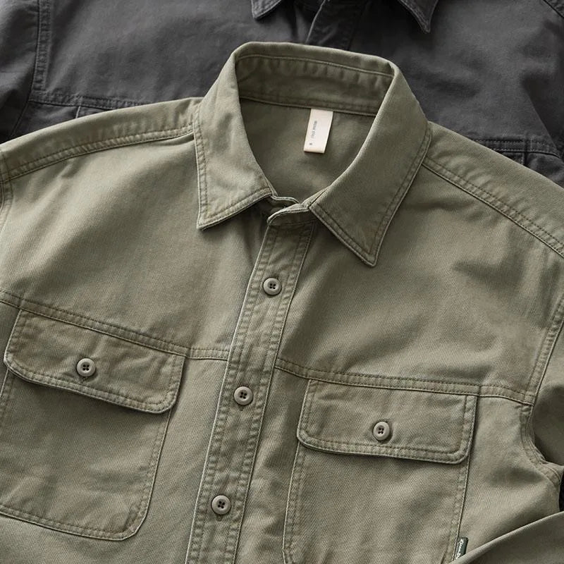 Autumn and Spring New Fashion Solid Color American Vintage Workwear Shirt Men's Casual Loose Sports Plus Size Long Sleeve Shirt