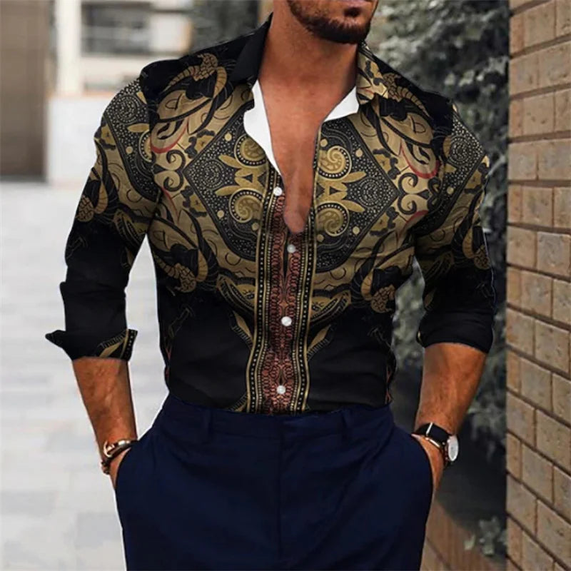 Men's shirts 3D printed shirts for daily outings, lapels for fashionable long sleeved clothing, fashion designers for leisure