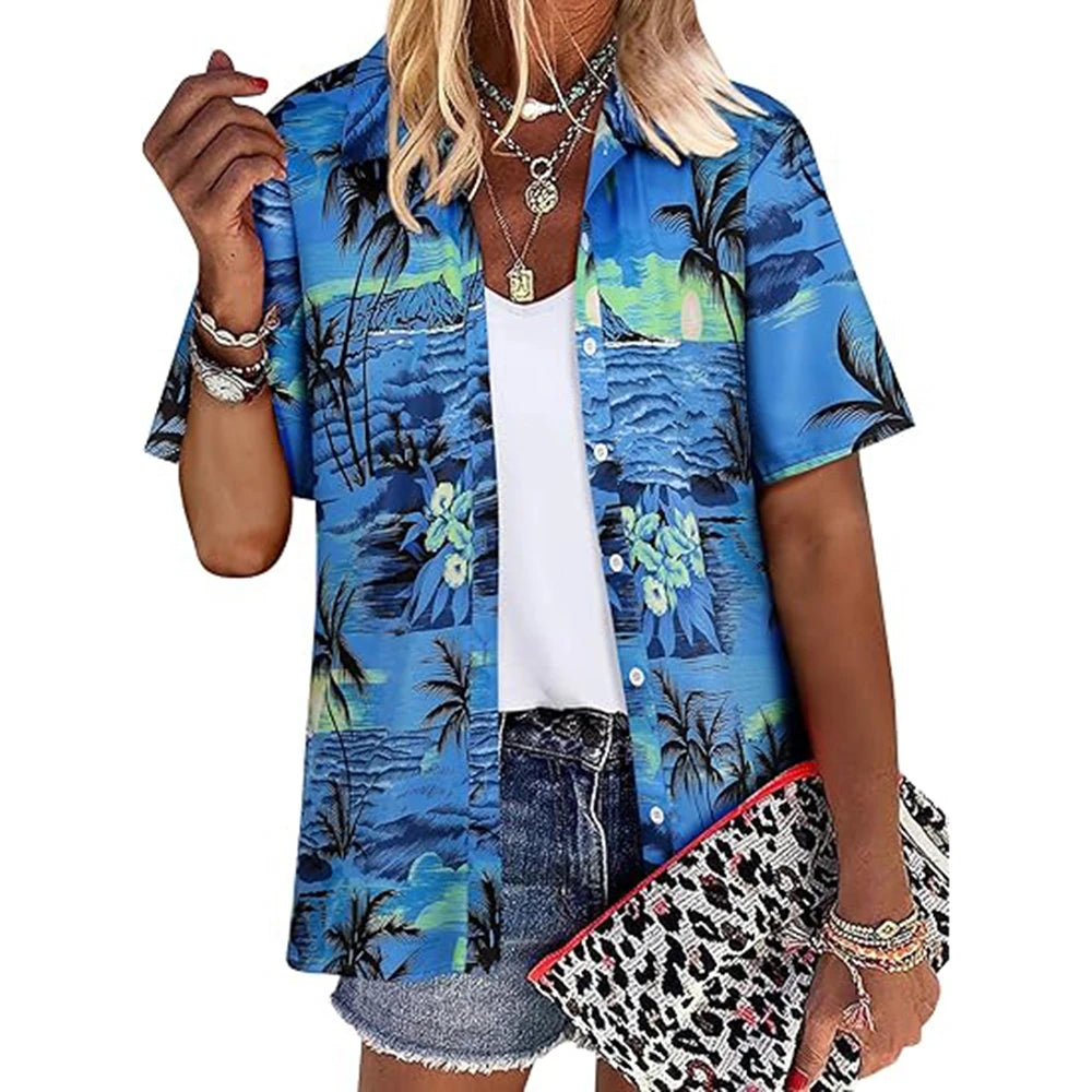 New Women's Short Sleeve T-shirt Fashion 3D Floral Print Hawaiian Style Casual Basic T-shirt Summer Lapel Short Sleeve Shirt