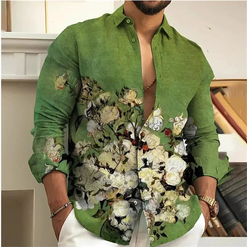 Men's Shirt 3D Floral Print Lapel Long Sleeve Men's Tops Vintage 2025 Street Trend Outdoor Fashion Dress Designer XS-6XL