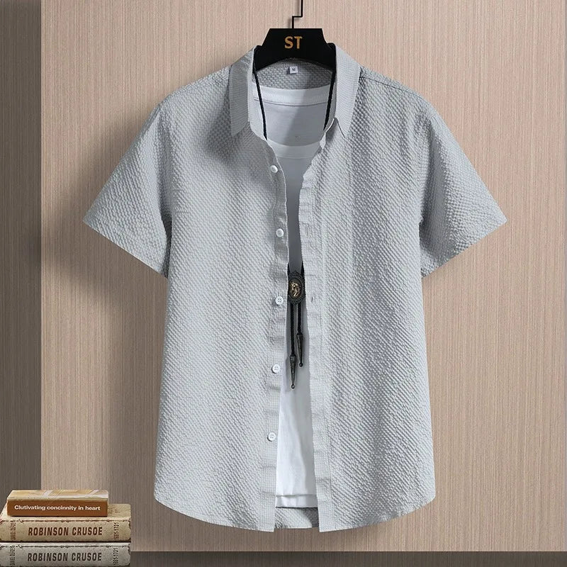 Men's Shirts Seersucker Short Sleeve Male Shirts Summer Casual Business Textured Solid Button Up Office Top