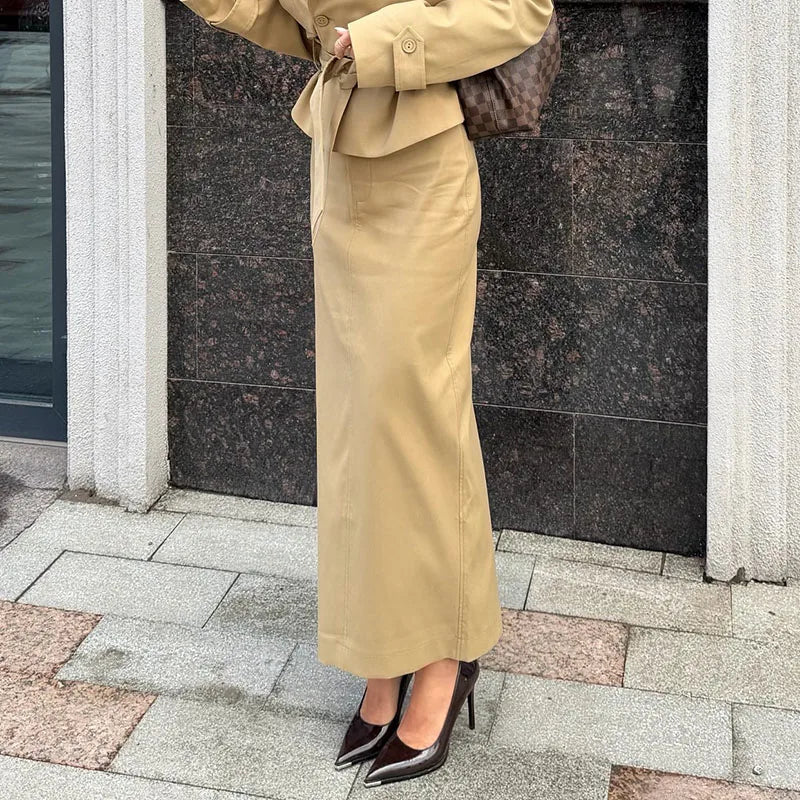 Urban Solid Coat Skirt Women Set Elegant Lapel Long Sleeve Belt Jacket Split Hip Package Skirts 2026 Autumn Winter Lady Outfit