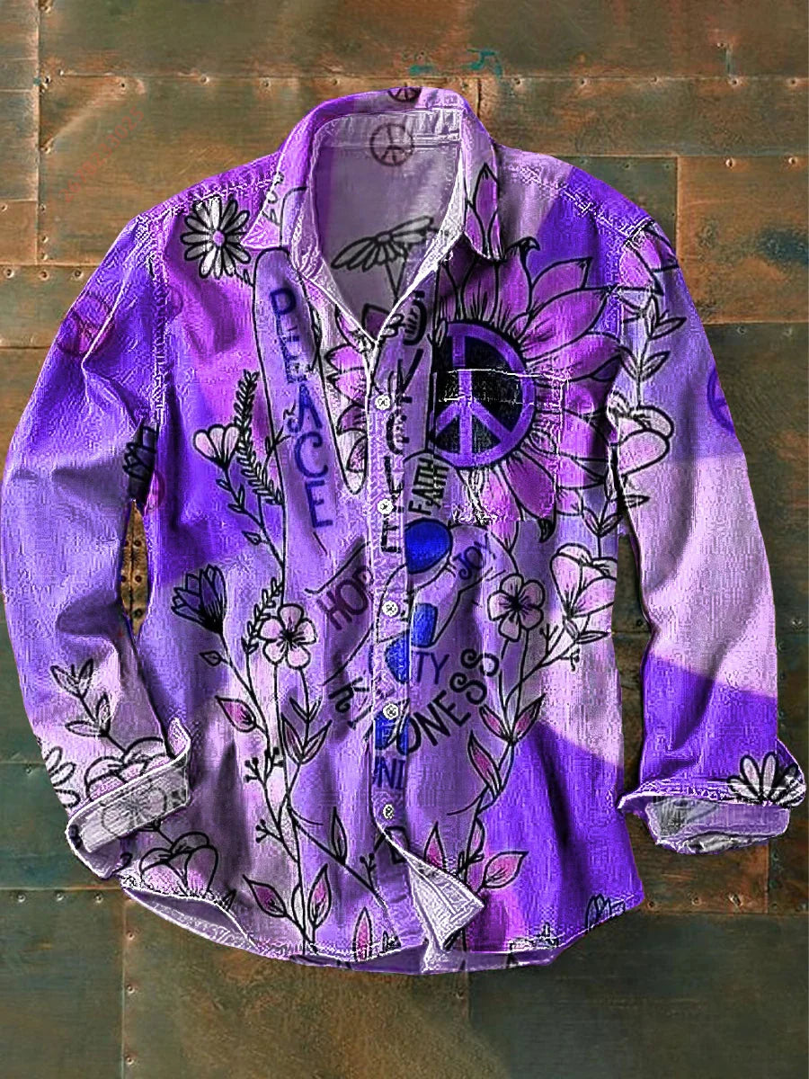 2026 New Retro Graffiti Sunflower Print Long-Sleeve Shirt, European and American Style Casual Fashion Top, Sizes XS-6XL