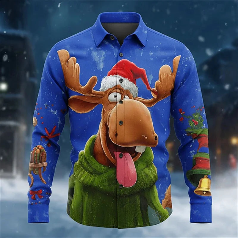 Christmas men's reindeer bell fun Christmas shirt long-sleeved button shirt Christmas gift autumn and winter collar shirt