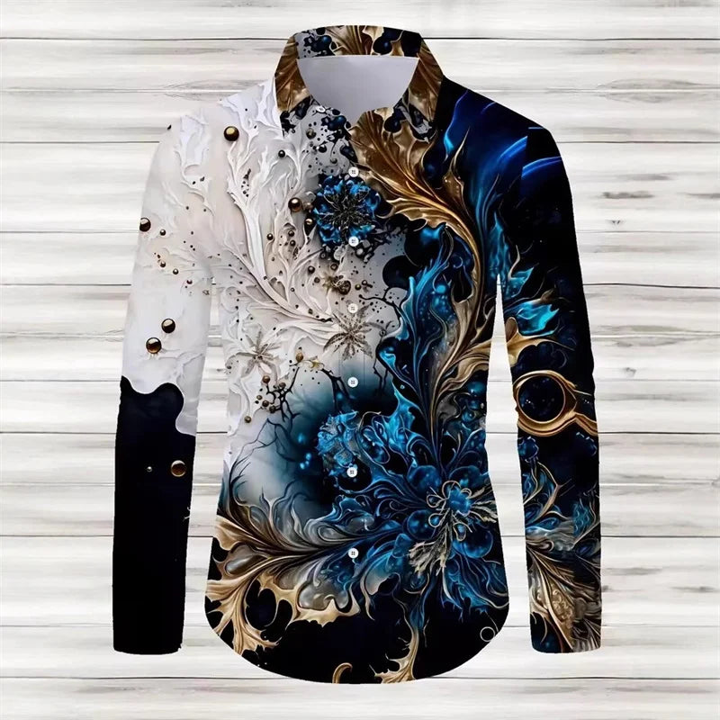 Men's blue and gold marble print long-sleeved shirt. Fashionable casual design, slim fit for banquets and business suits. XS-6XL