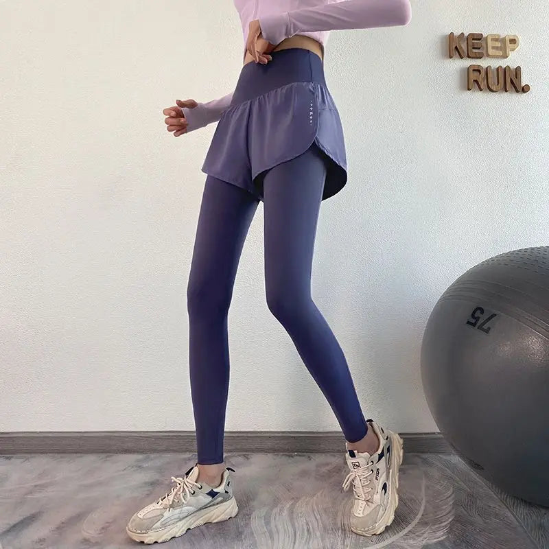 Women's Fall Two-in-One Leggings - High Waist Running Yoga Pants with Slimming Skirted Hem, 4-Way Stretch  From Studio to Street