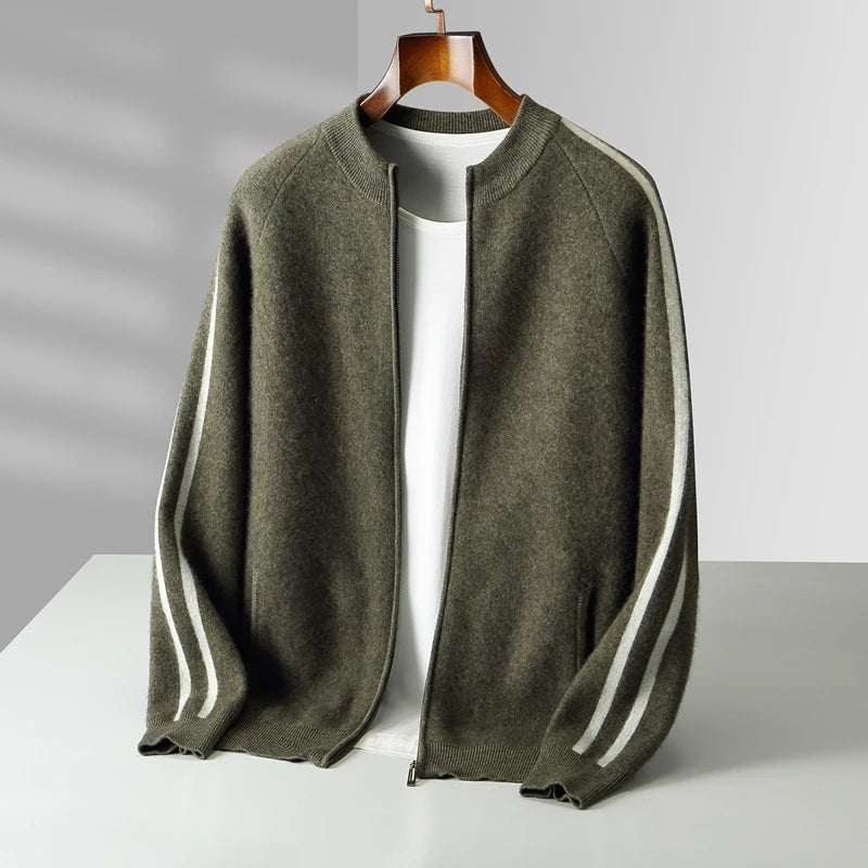 ATTYYWS  Men's new cardigan 100% wool sweater color blocked knit casual autumn and winter coat men's O-neck cashmere sweater
