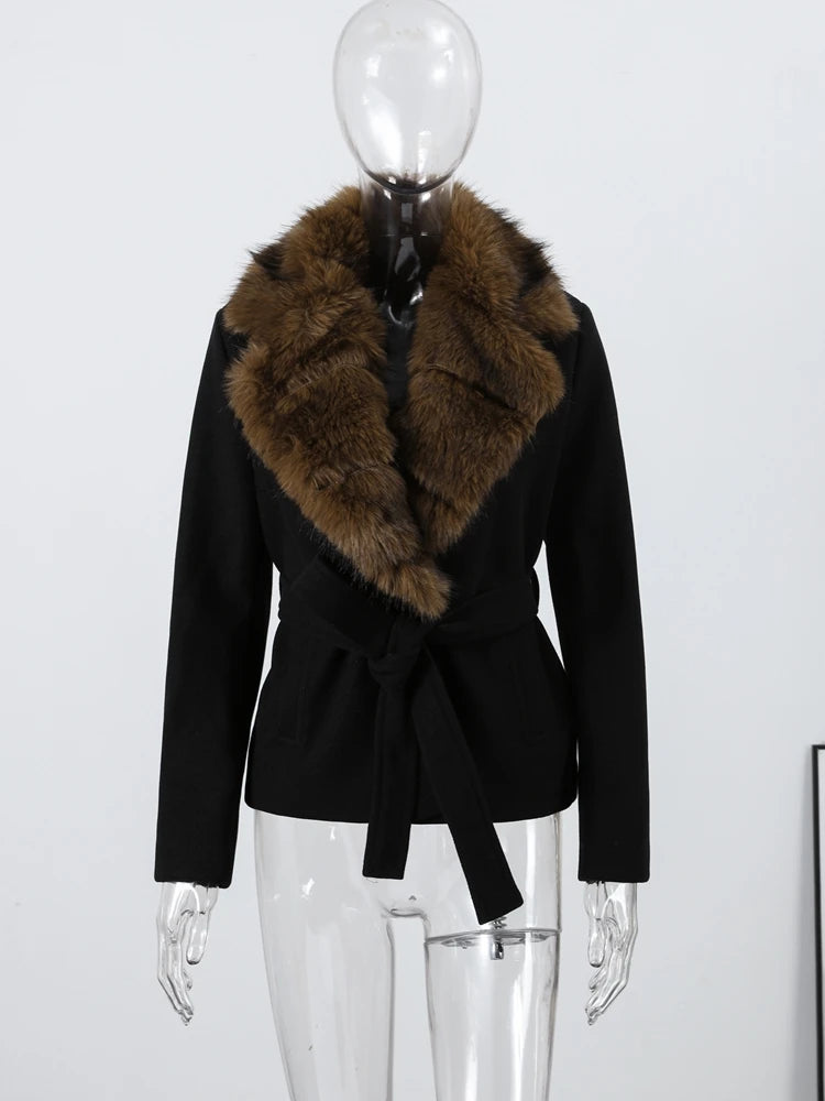Street Faux Fur Belt Woolen Women Coat Urban Shawl Collar Belted Waist Full Sleeve Female Coats 2025 Autumn Winter Lady Outwear