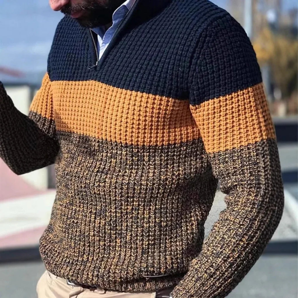 Pullovers Men Knitted Tops Zipper Turn Down Collar Full Sleeve Slim Fit Polo Sweaters Casual Regular Knit Splice Autumn Winter