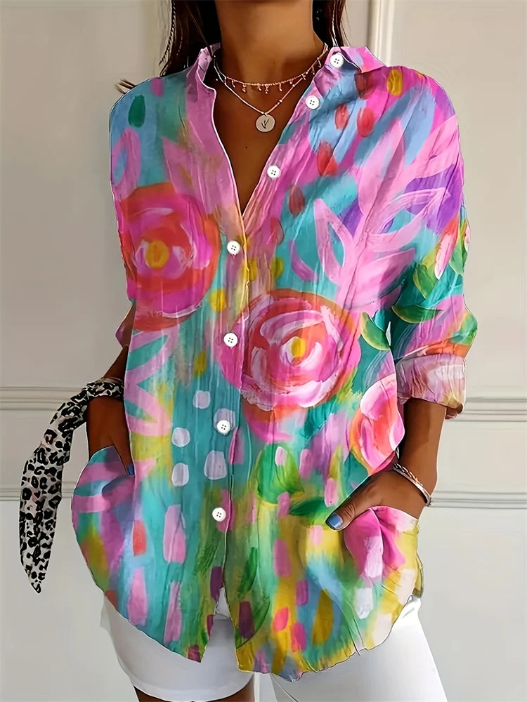 New Summer Fashion Women's Lapel Shirt Big Size Button Long Sleeve Daily Weekend V Neck Tops Floral Printed Loose Casual Shirt