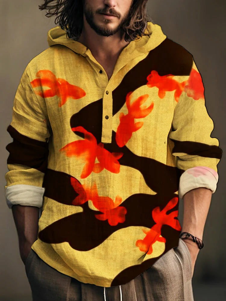 Spring and Autumn Men's Shirt Linen Fashion Casual Bamboo Hawaiian Style Printed Shirt Men's Top Long Sleeve Hooded Pullover