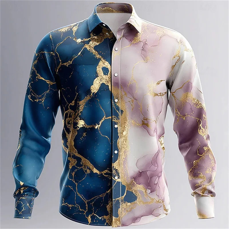 Men's blue and gold marble print long-sleeved shirt. Fashionable casual design, slim fit for banquets and business suits. XS-6XL