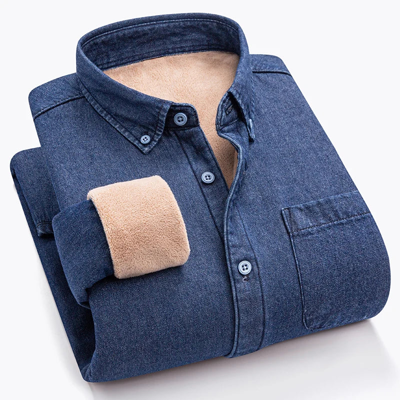 New in shirt Winter Thick Warm cowboy long sleeve shirts for men slim fit casual single pocket tops linen cotton elegant clothes