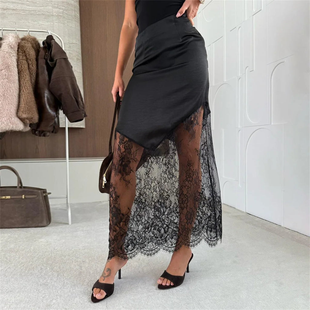 Sexy Lace Patchwork Slim Skirts Women 2025 New In Autumn Spring Solid Hollow Skirt Lady Party Club Evening Clothing Street Chic