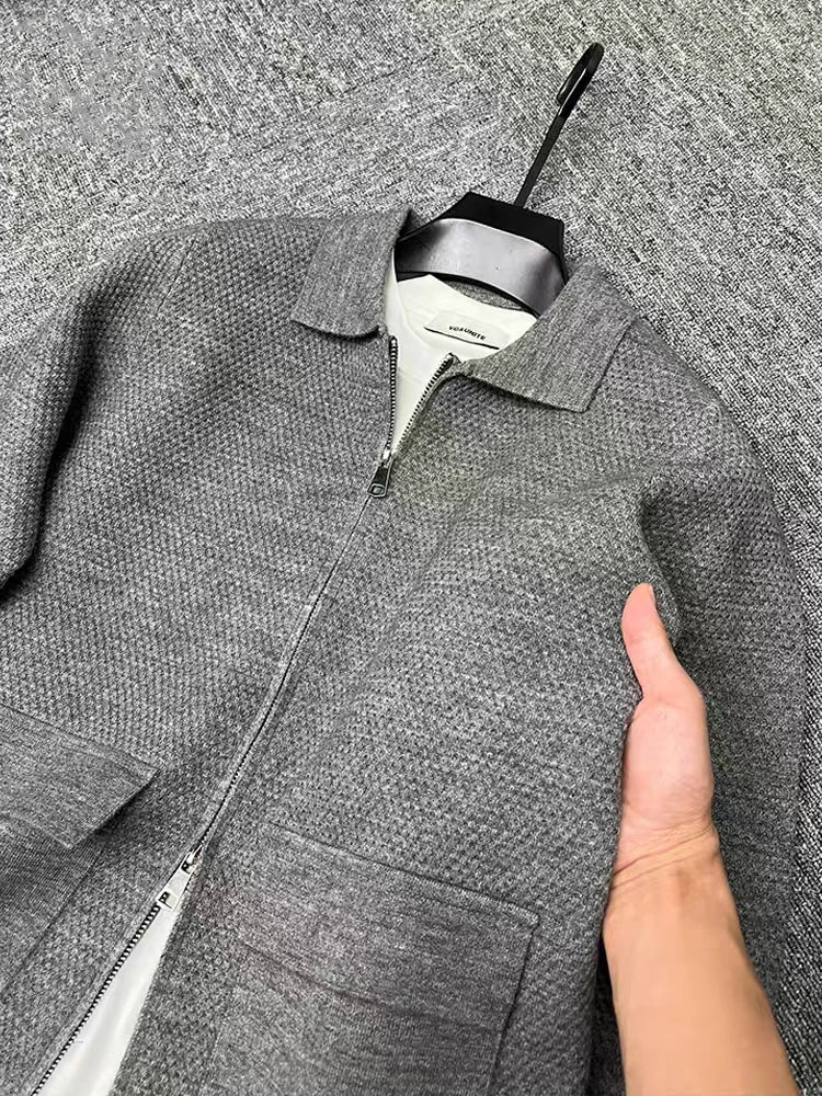 Light luxury high-end lapel zipper knitted jacket men autumn new style fashion pocket design Korean casual warm weater coat