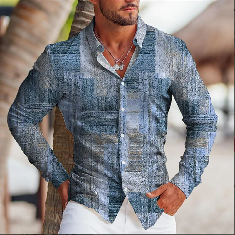 3D line printed men's long sleeved shirt top, fashionable checkered pattern, casual loose Gothic clothing top