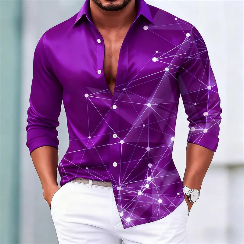 Men's trendy geometric line print long-sleeved shirt. Fashionable slim black technology-style shirt. Popular men's shirt.