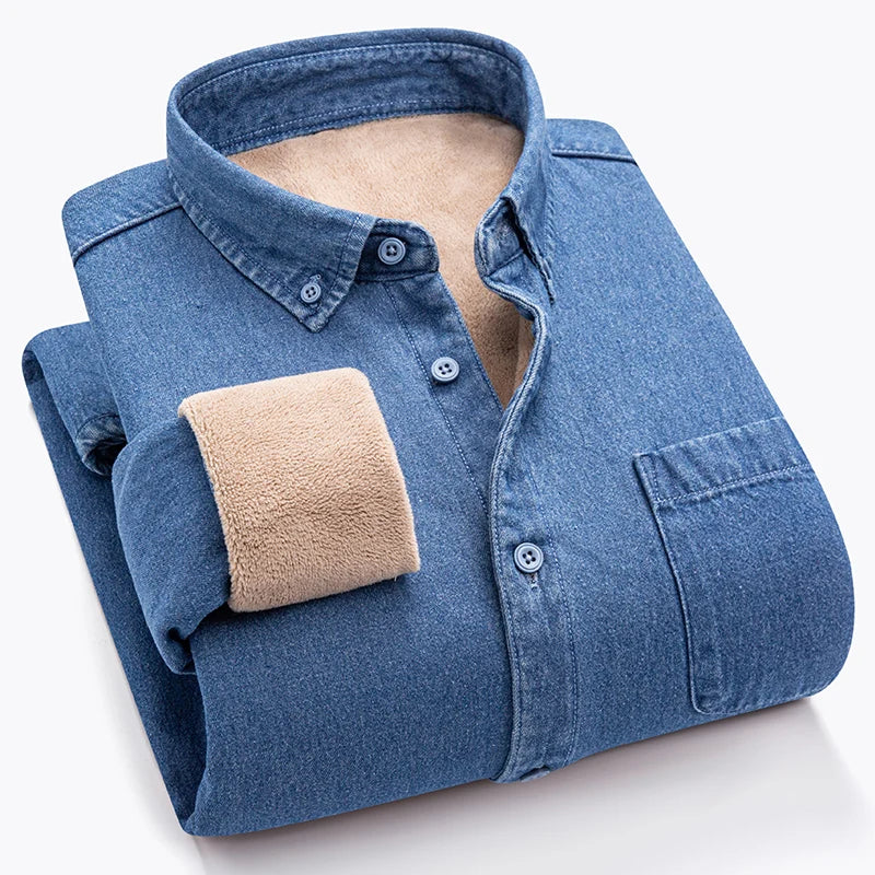 New in shirt Winter Thick Warm cowboy long sleeve shirts for men slim fit casual single pocket tops linen cotton elegant clothes