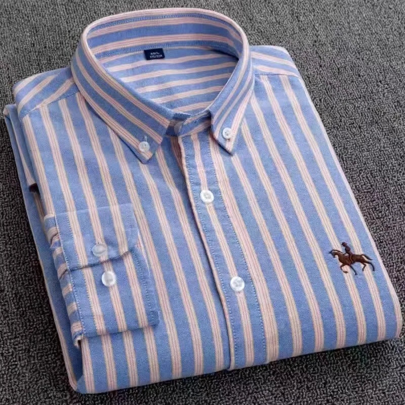 2024 new autumn men's long-sleeved plaid striped100% cotton Oxford spinning chest embroidery regular fit button work shirt S~6XL