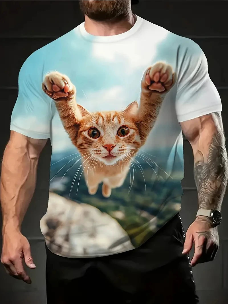 Men's Casual Tops 3D Cool Cat Print T-Shirt O Neck Short Sleeve Pullover Streetwear Sportshirt Outdoor Tee Oversized Clothing