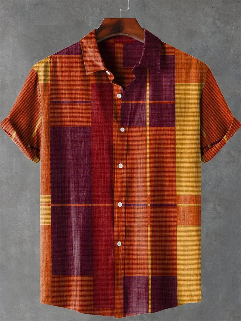 New Men's Striped Linen 80% Short Sleeve Shirt 3D Music Printed Comfort Button Shirt Hawaiian Shirt