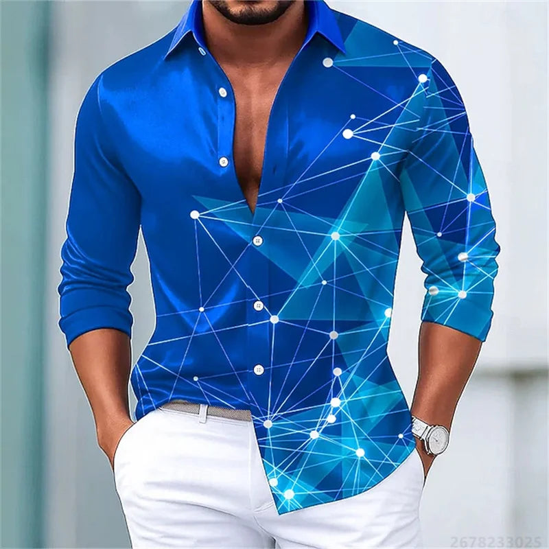 Men's trendy geometric line print long-sleeved shirt. Fashionable slim black technology-style shirt. Popular men's shirt.