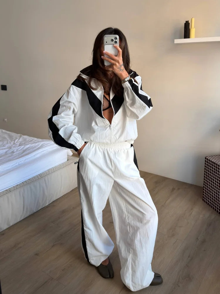 Women Color Block Zip Up 2 Piece Set  Long Sleeve Stand Collar Jacket High Waist Shorts Suit 2026 Spring Autumn Casual Outfit